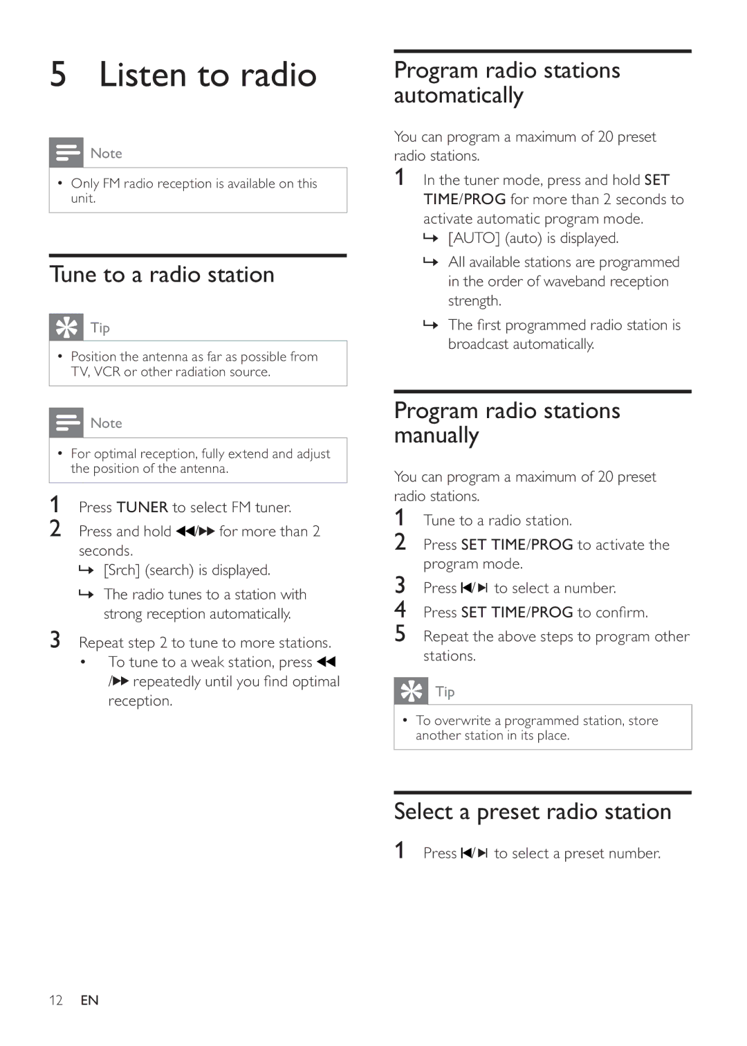 Philips DC290/12, DC290/61 user manual Listen to radio, Tune to a radio station, Program radio stations automatically 