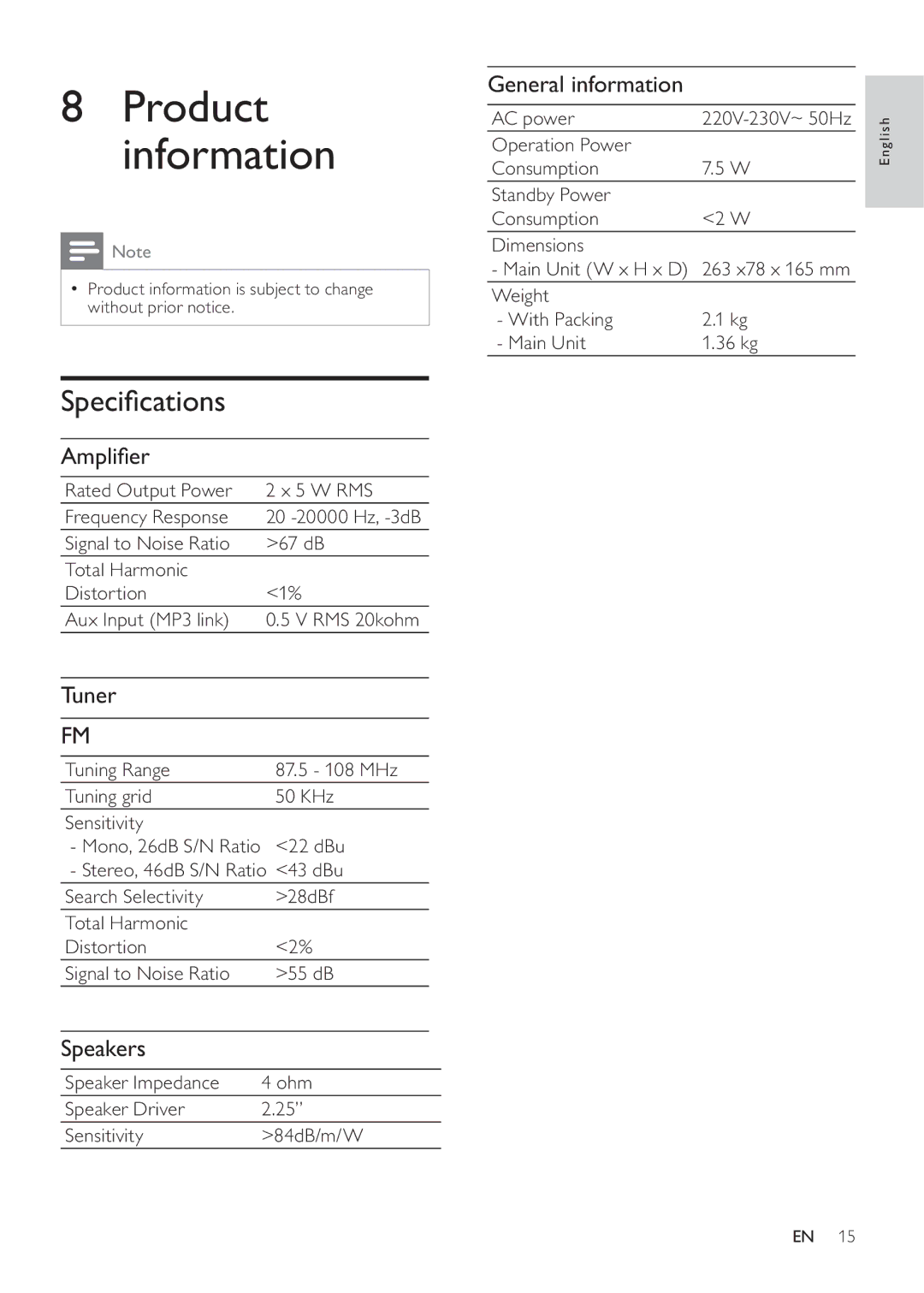 Philips DC290/61, DC290/12 user manual Product information, Speciﬁcations 