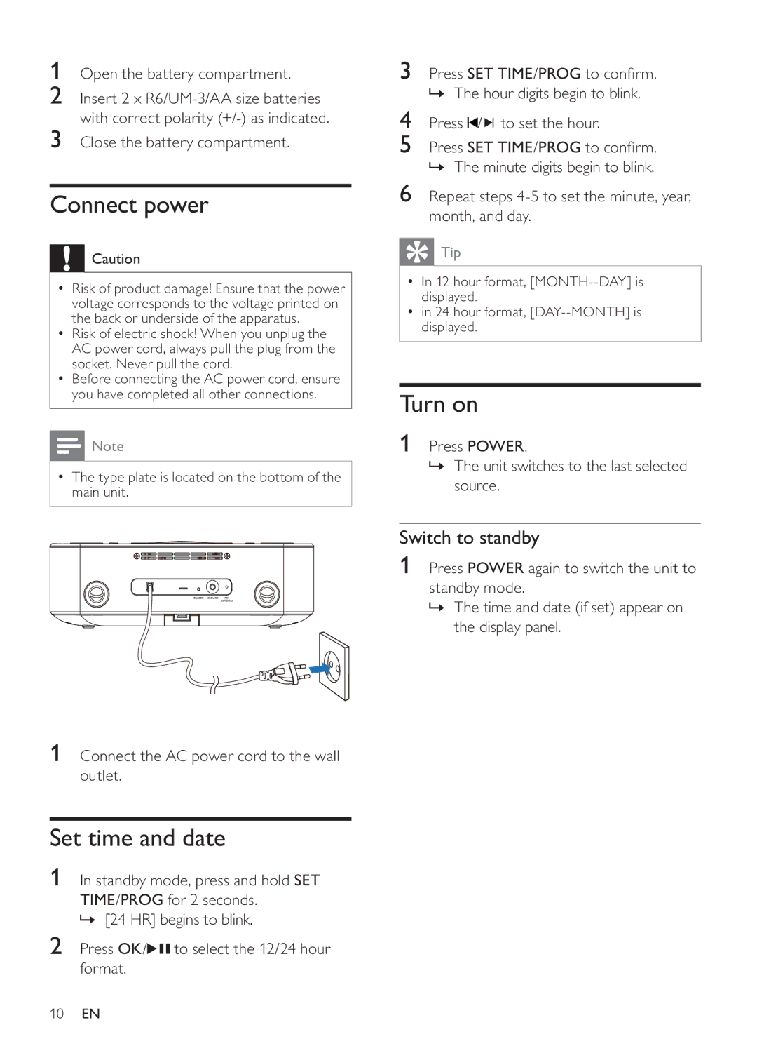 Philips DC290/12, DC290/61 user manual Connect power, Set time and date, Turn on, Switch to standby 