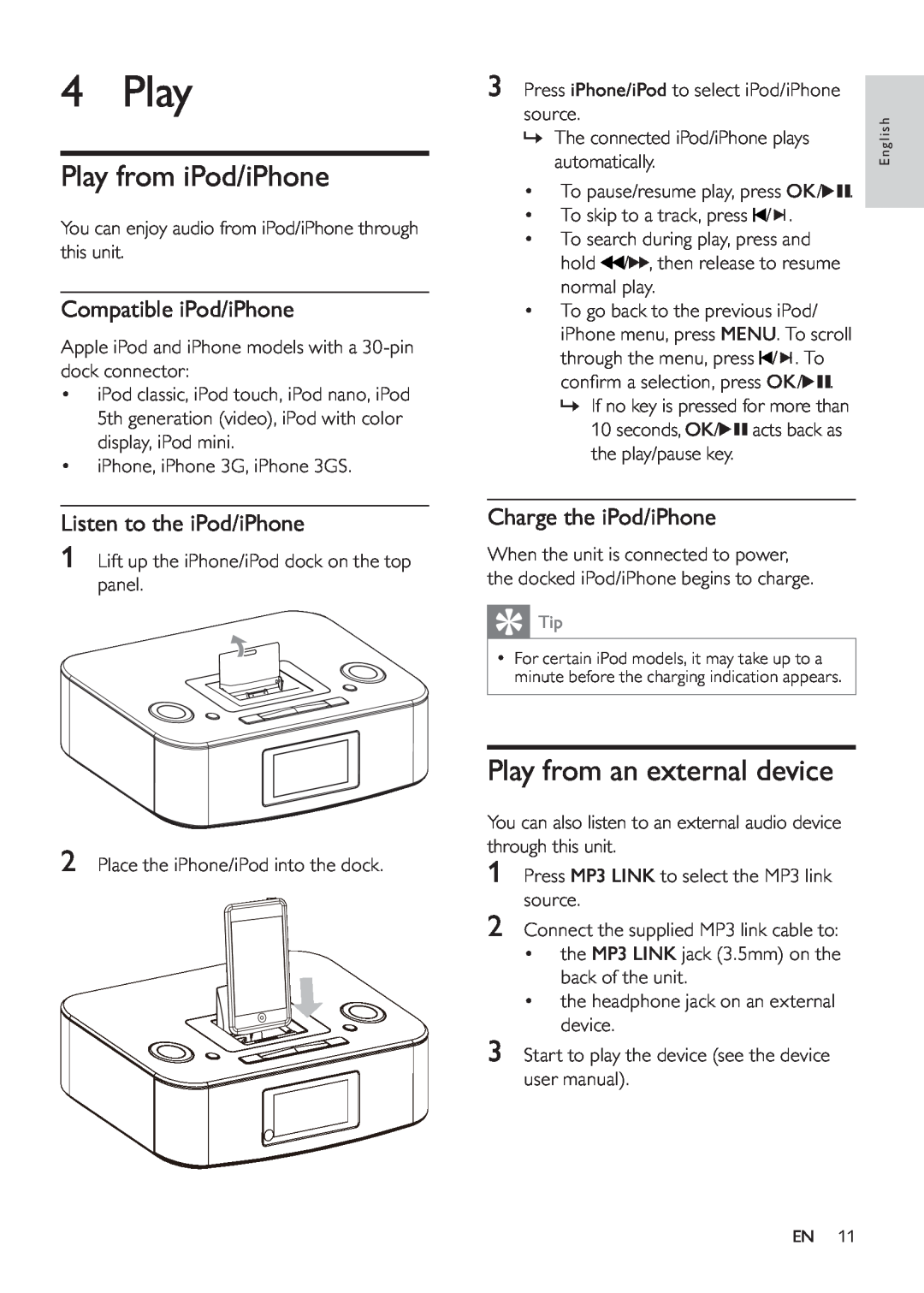 Philips DC290/61, DC290/12 user manual Play from iPod/iPhone, Play from an external device 