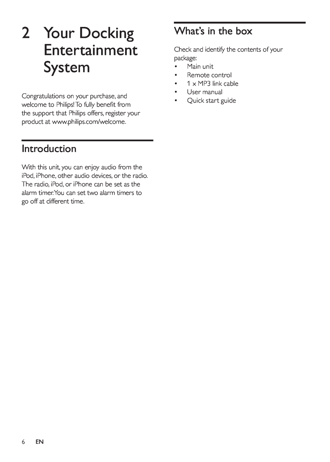 Philips DC290/12, DC290/61 user manual Introduction, What’s in the box, Your Docking Entertainment System, 6 EN 