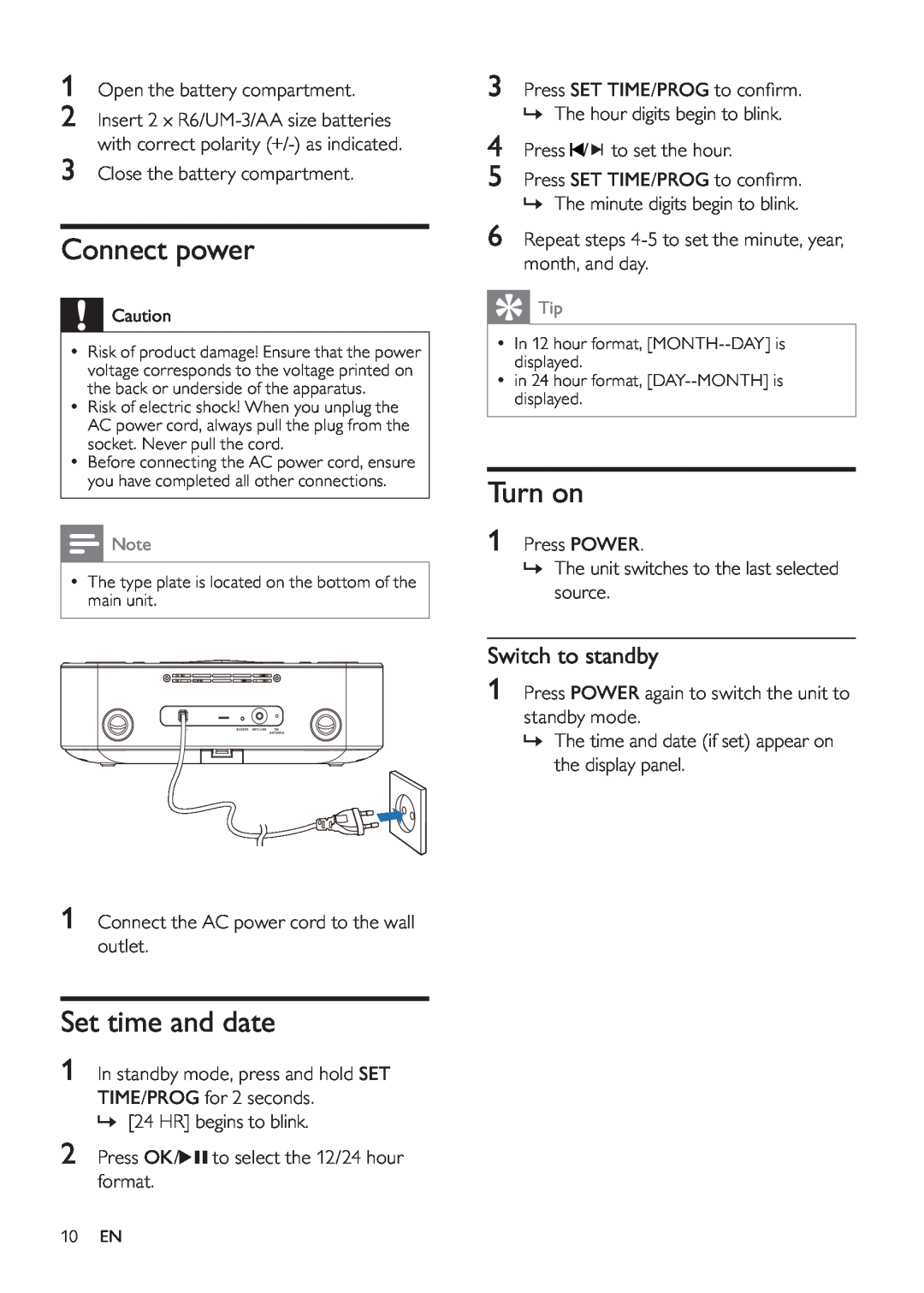 Philips DC290/12, DC290/61 user manual Connect power, Set time and date, Turn on, Switch to standby 