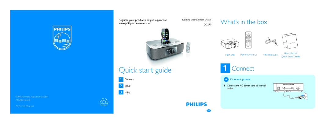 Philips DC290/93 quick start Connect power, Connect Setup Enjoy, Main unit Remote control MP3 link cable 