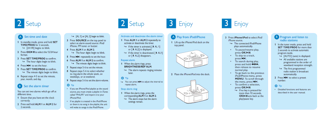 Philips DC290/93 Set time and date, Set the alarm timer, Play from iPod/iPhone, Program and listen to radio stations 