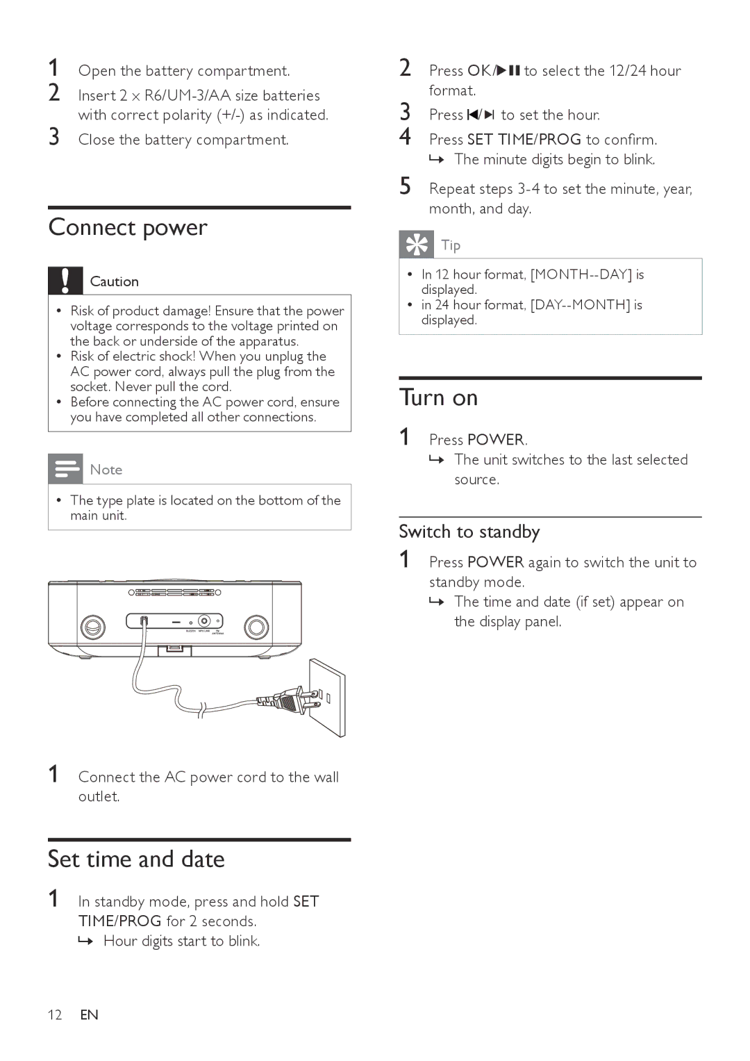 Philips DC290B user manual Connect power, Set time and date, Turn on, Switch to standby 