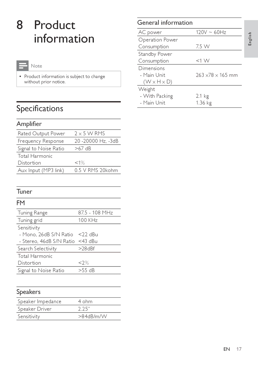 Philips DC290B user manual Product information, Specifications 