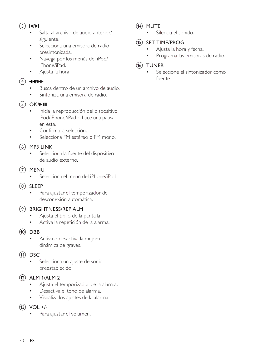 Philips DC291 user manual Activa o desactiva la mejora dinámica de graves 