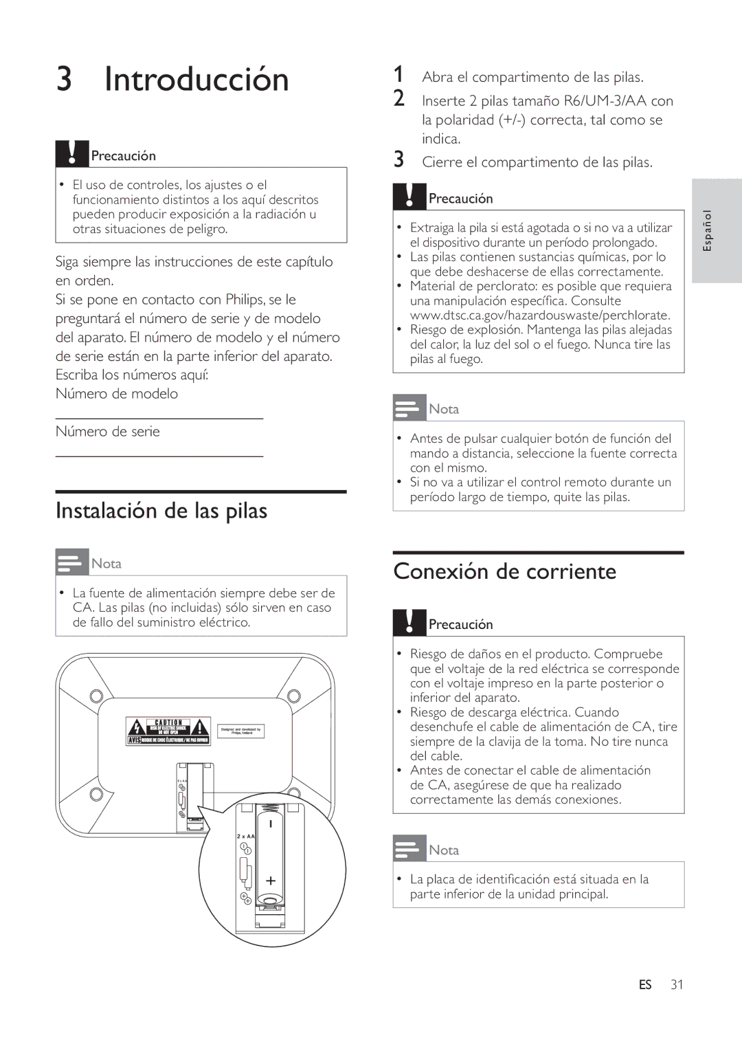 Philips DC291 user manual Introducción, Instalación de las pilas, Conexión de corriente, Número de modelo Número de serie 