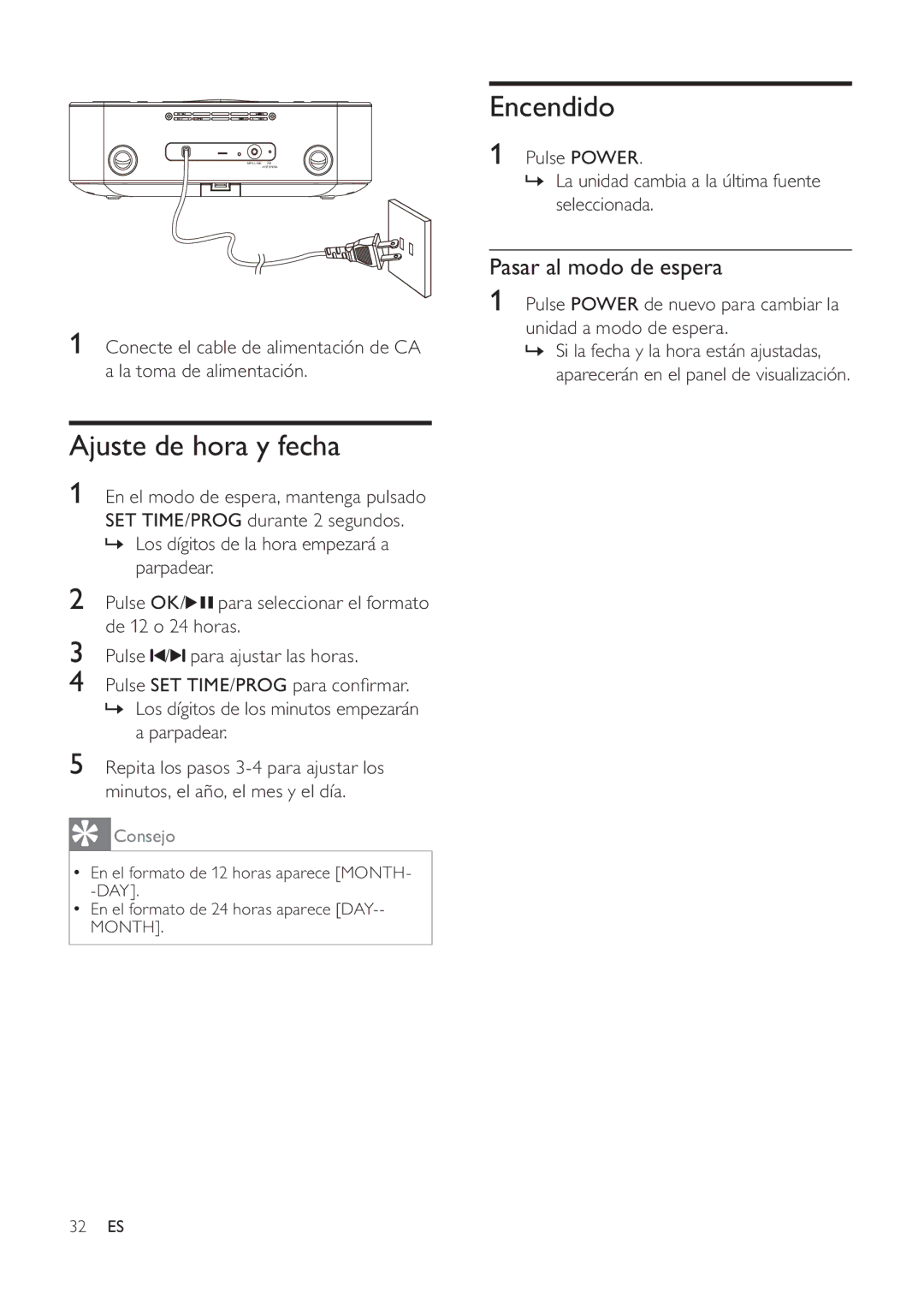 Philips DC291 user manual Ajuste de hora y fecha, Encendido, Pasar al modo de espera 