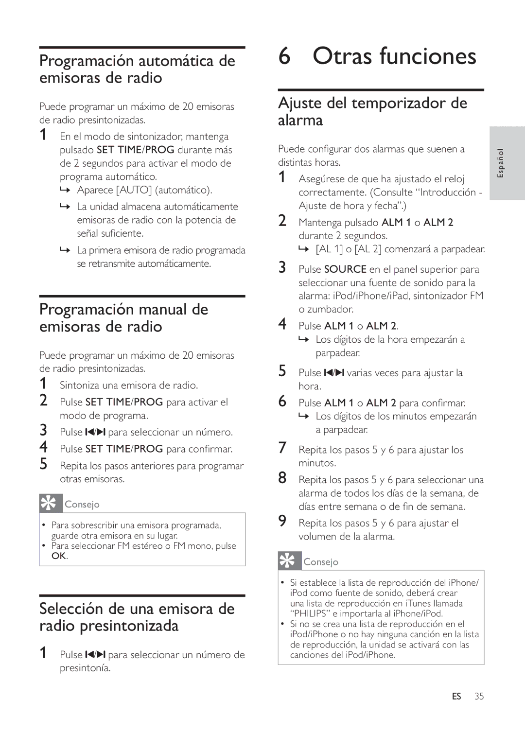 Philips DC291 Otras funciones, Programación automática de emisoras de radio, Programación manual de emisoras de radio 