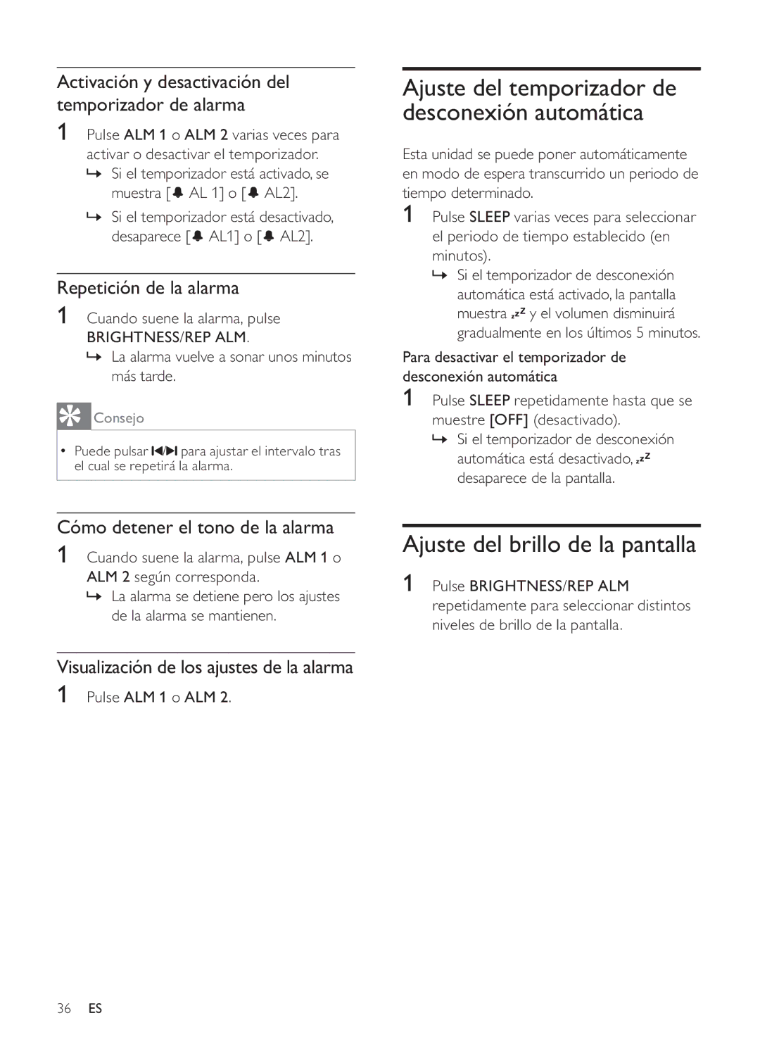 Philips DC291 user manual Ajuste del brillo de la pantalla, Activación y desactivación del temporizador de alarma 