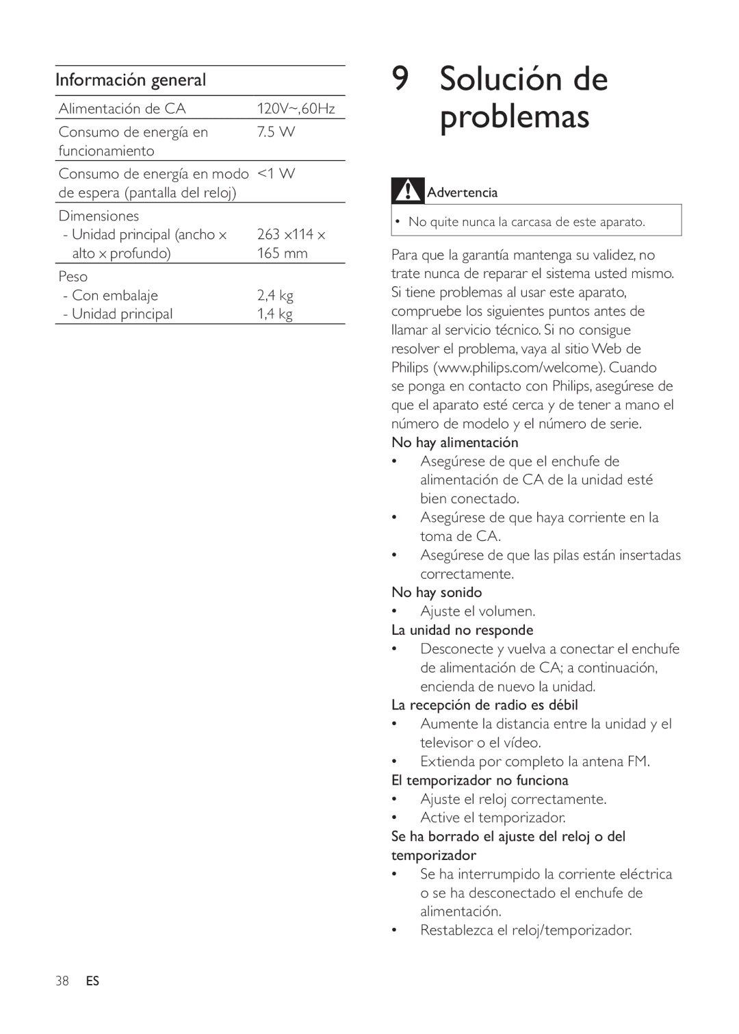 Philips DC291 user manual Solución de problemas, Información general 