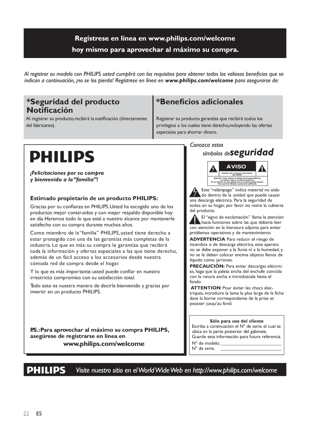 Philips DC291 user manual Seguridad del producto Notiﬁcación 