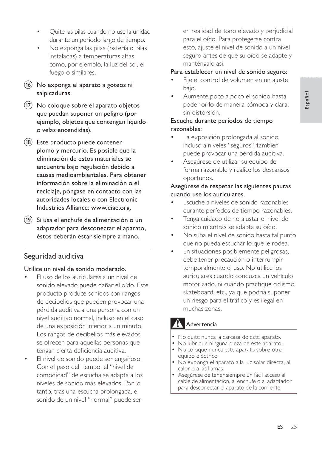 Philips DC291 user manual Seguridad auditiva, Utilice un nivel de sonido moderado 