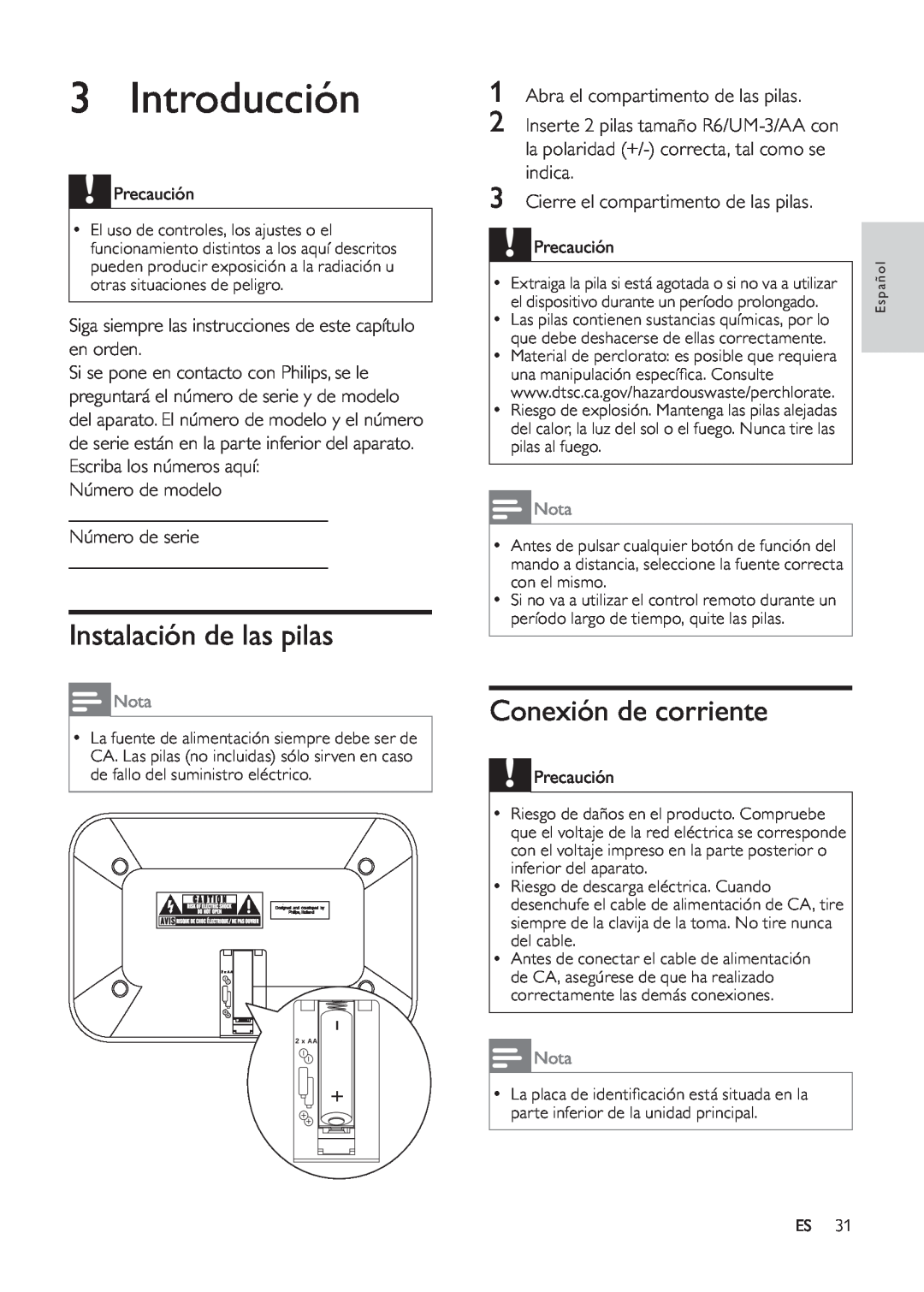 Philips DC291 user manual Introducción, Instalación de las pilas, Conexión de corriente, Nota 