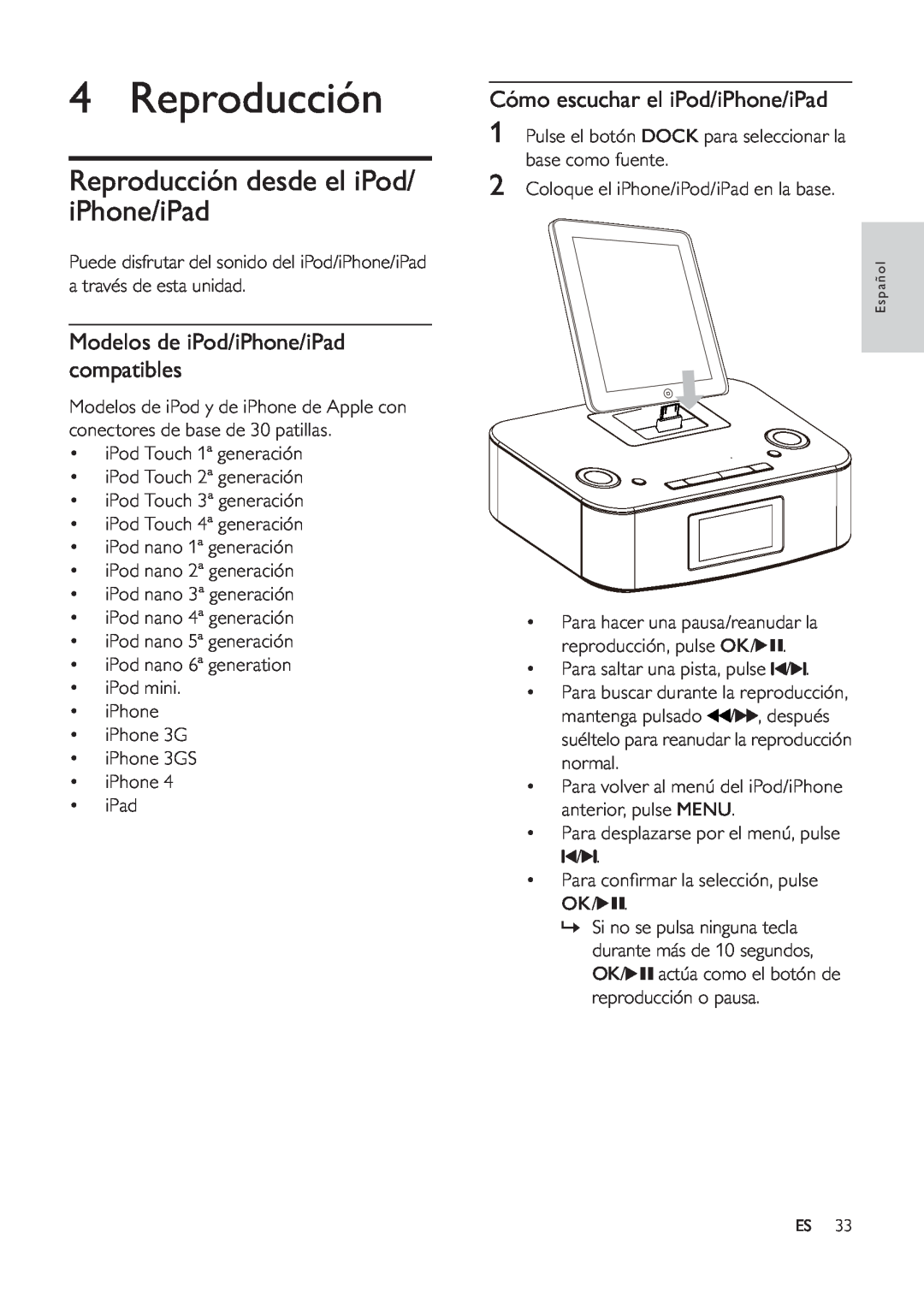 Philips DC291 user manual Reproducción desde el iPod/ iPhone/iPad, Modelos de iPod/iPhone/iPad compatibles 