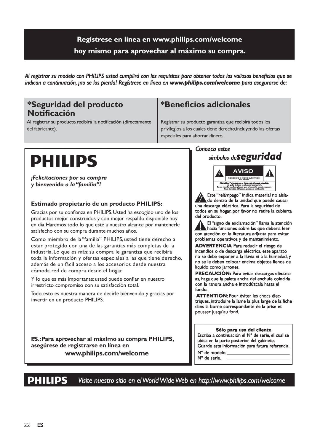 Philips DC291 user manual Seguridad del producto Notiﬁcación, Beneﬁcios adicionales, 22 ES, Aviso 