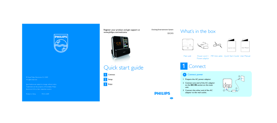 Philips DC315 quick start What’s in the box, Connect power 