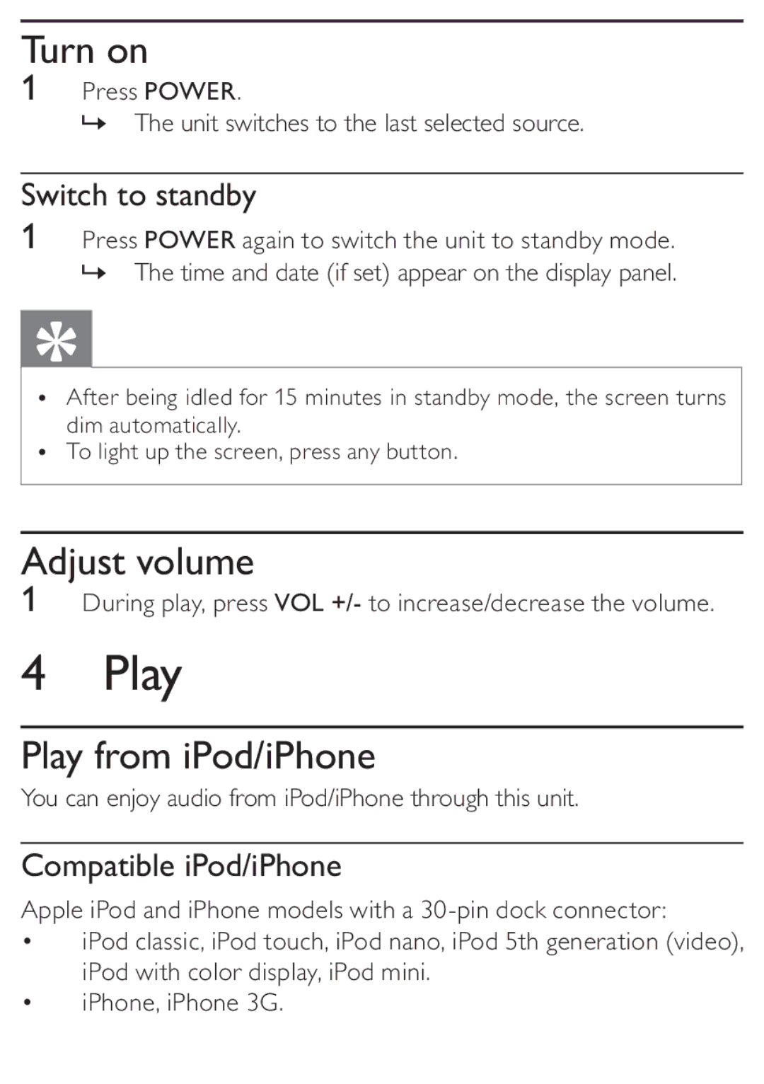 Philips DC315/05 user manual Turn on, Adjust volume, Play from iPod/iPhone 