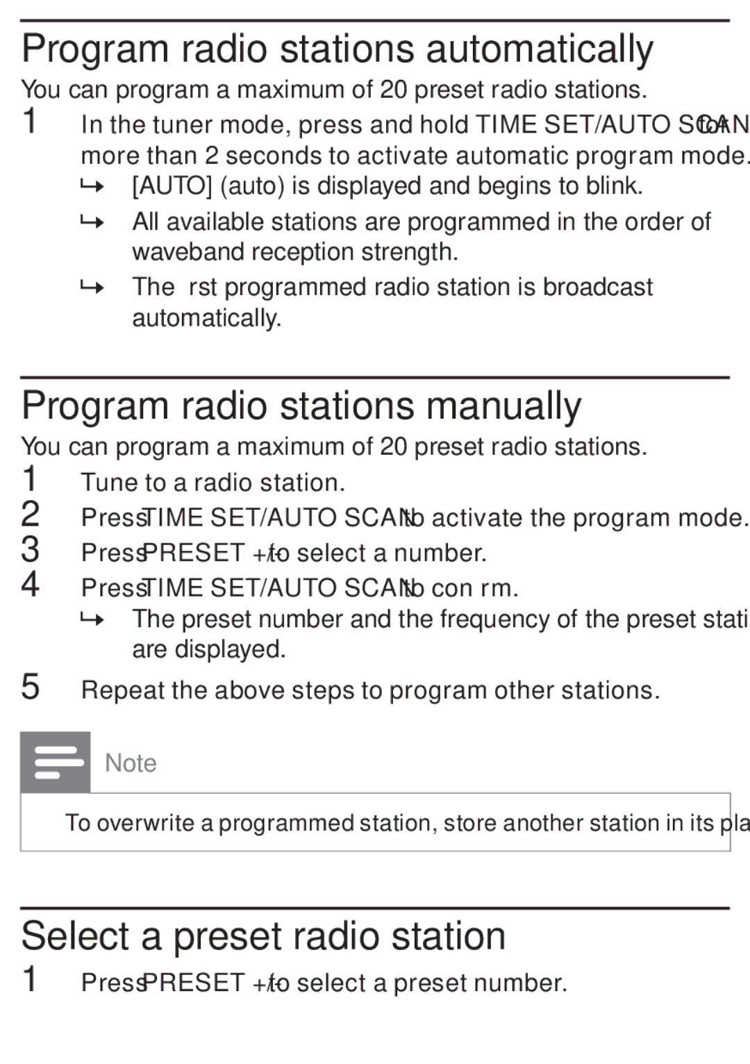 Philips DC315/05 Program radio stations automatically, Program radio stations manually, Select a preset radio station 