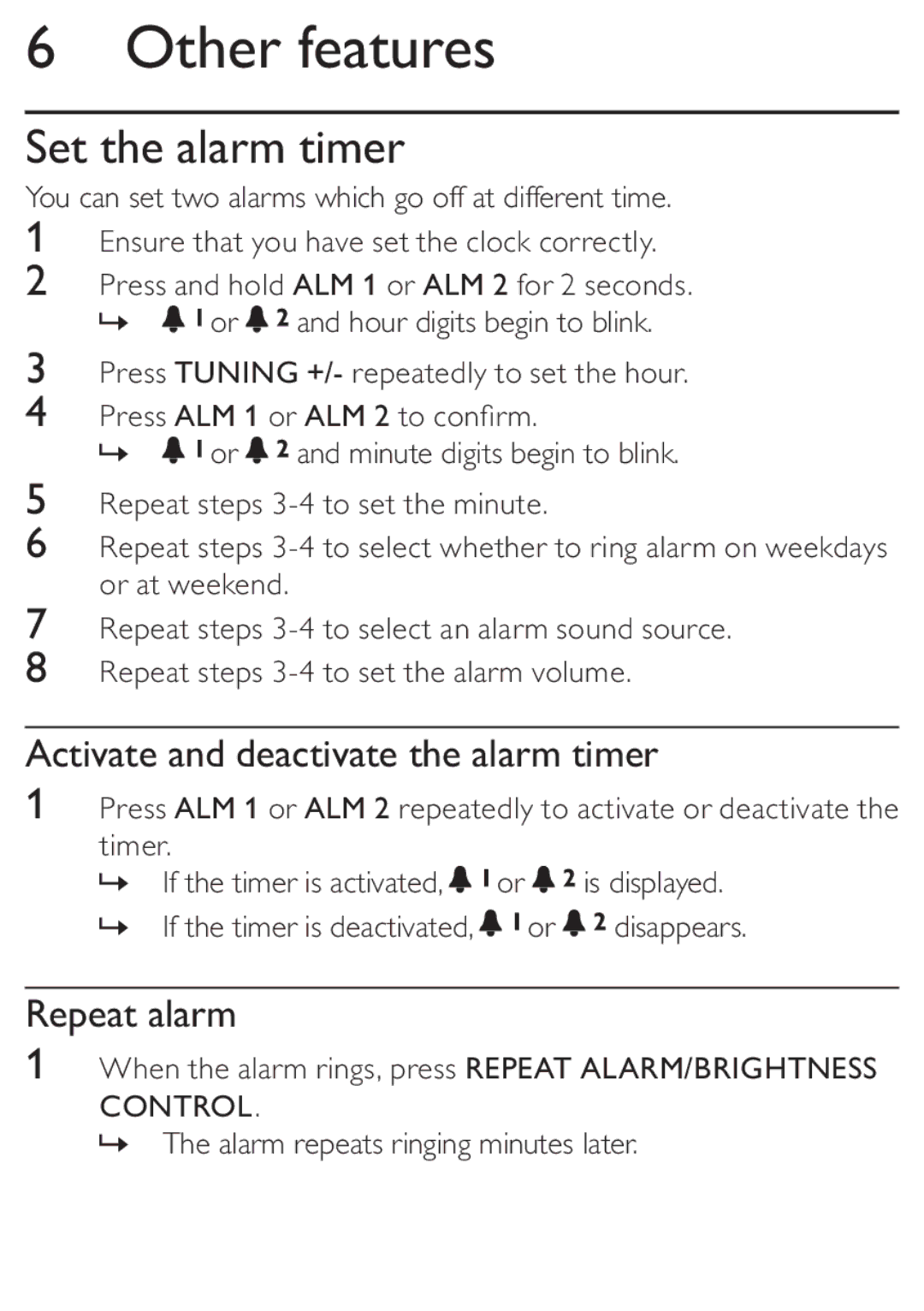 Philips DC315/05 user manual Other features, Set the alarm timer, Activate and deactivate the alarm timer, Repeat alarm 