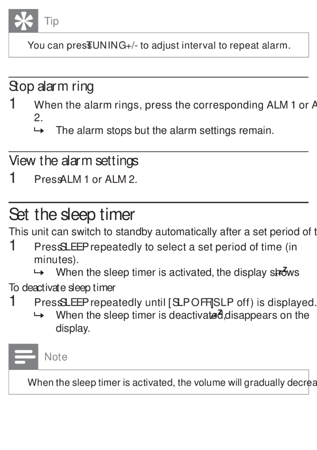 Philips DC315/05 user manual Set the sleep timer, Stop alarm ring, View the alarm settings 