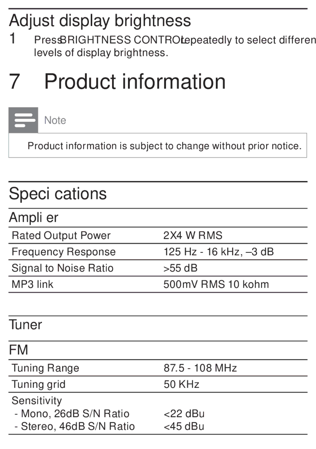 Philips DC315/05 user manual Product information, Adjust display brightness, Speciﬁcations, Ampliﬁer, Tuner 