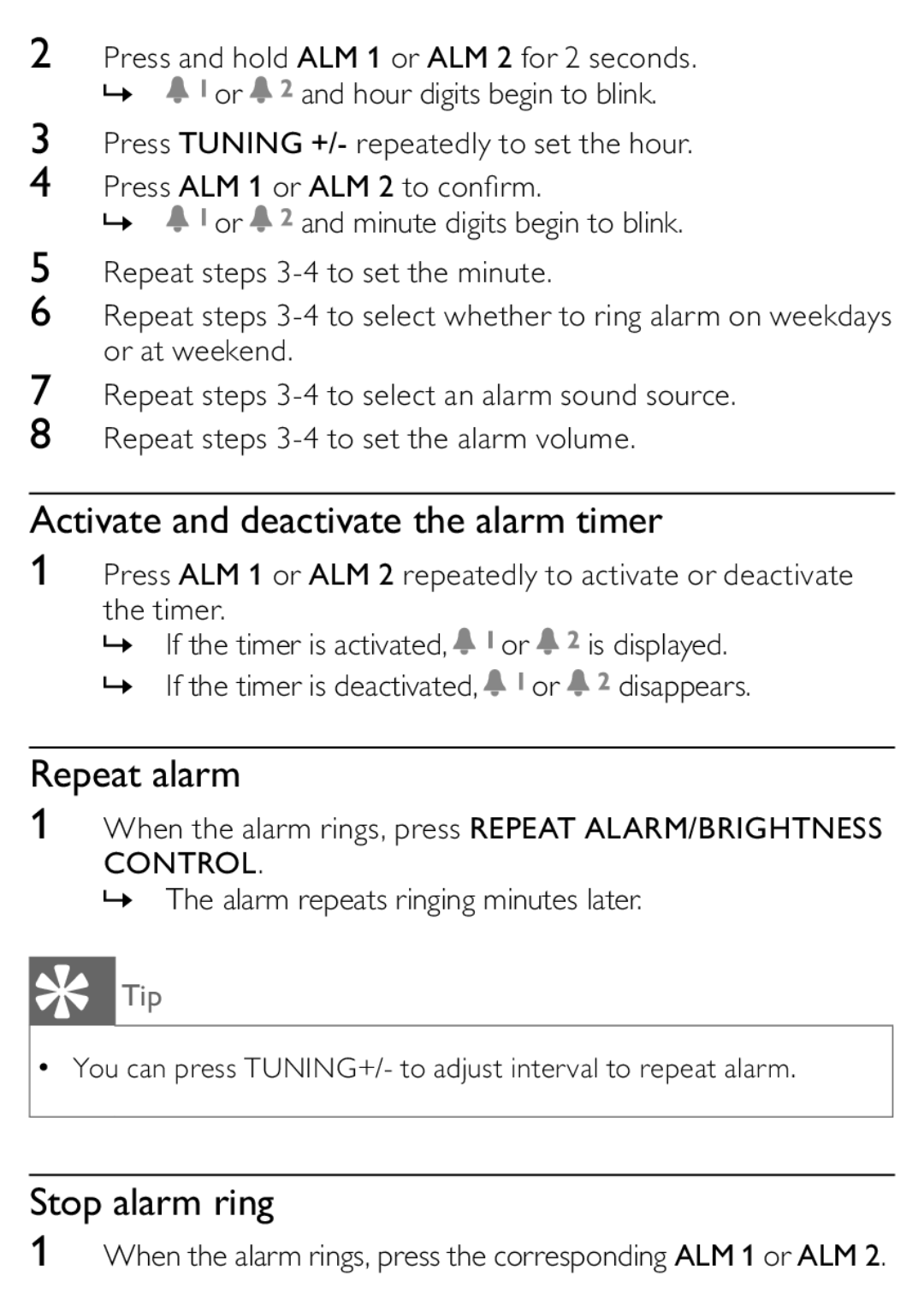 Philips DC315/93 user manual Activate and deactivate the alarm timer, Repeat alarm, Stop alarm ring 