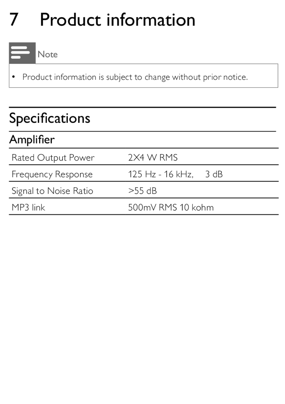 Philips DC315/93 user manual Product information, Speciﬁcations, Ampliﬁer 