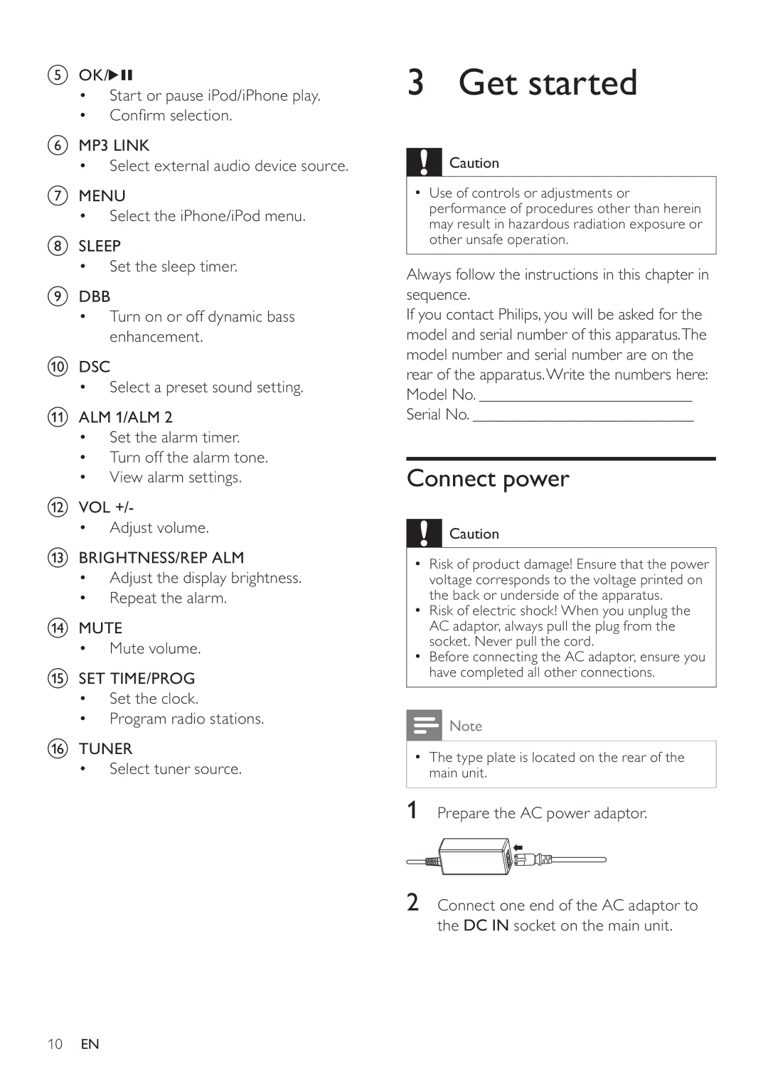 Philips DC320/37 Get started, Connect power, Always follow the instructions in this chapter in sequence, Serial No 