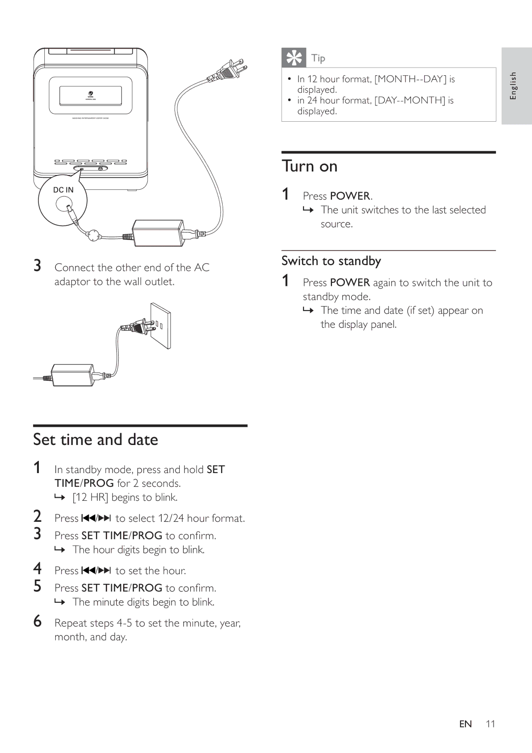 Philips DC320/37 user manual Turn on, Set time and date, Switch to standby 