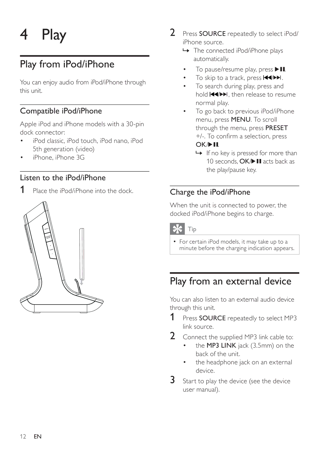 Philips DC320/37 user manual Play from iPod/iPhone, Play from an external device 