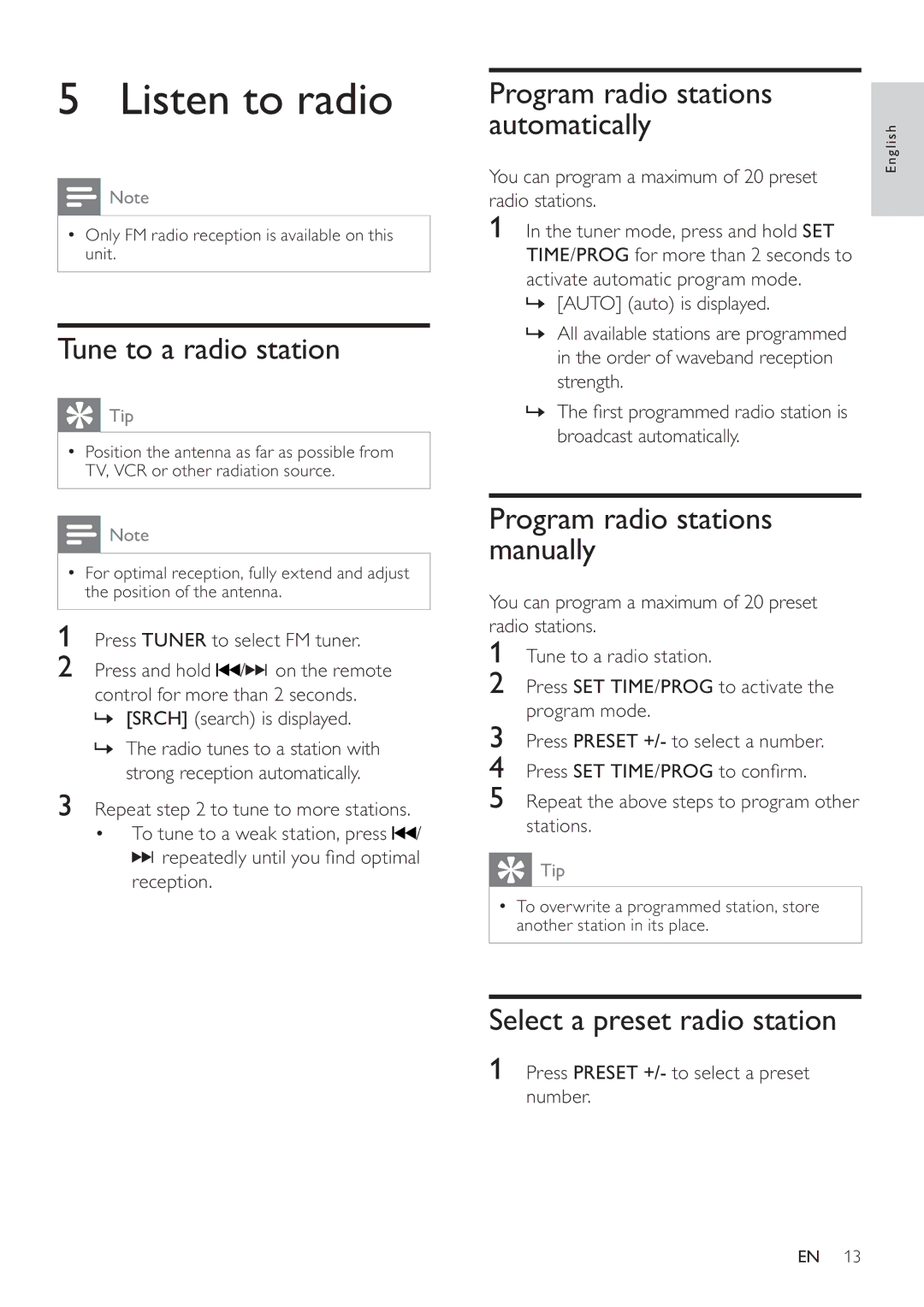 Philips DC320/37 user manual Listen to radio, Tune to a radio station, Program radio stations Automatically 