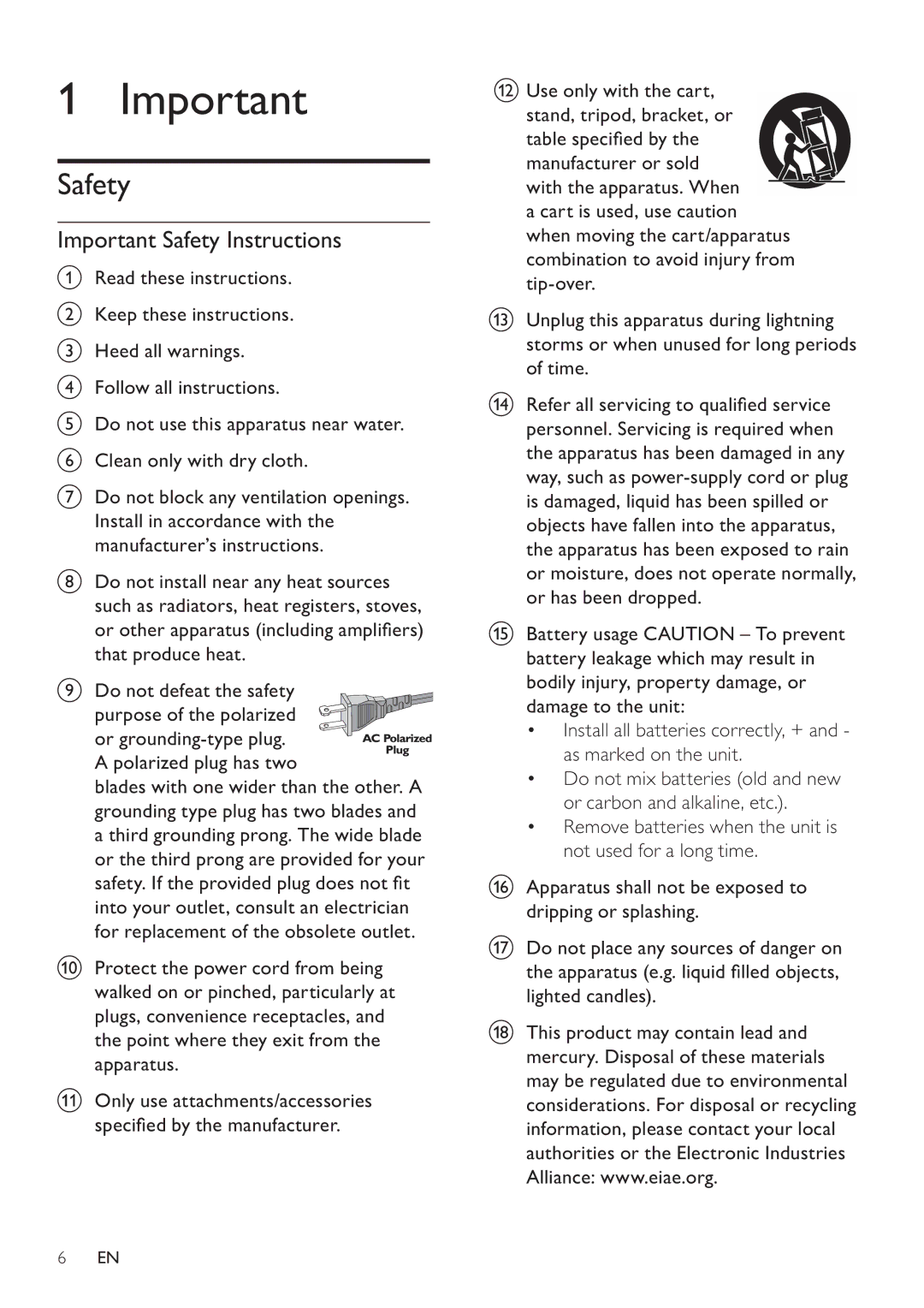 Philips DC320/37 user manual Important Safety Instructions, Use only with the cart 