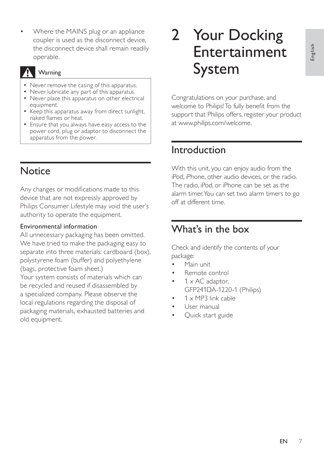 Philips DC320/37 user manual Your Docking, Entertainment, System, Introduction, What’s in the box 