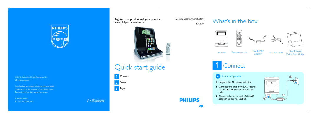 Philips DC320/98 quick start Connect power, Main unit Remove control, MP3 link cable 