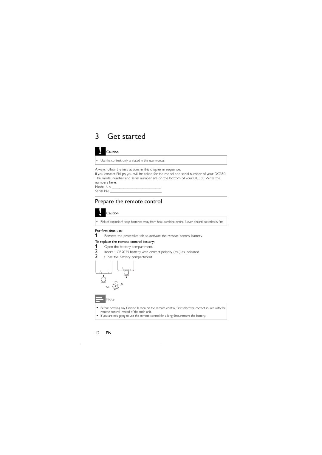 Philips DC350 user manual Get started, Prepare the remote control 