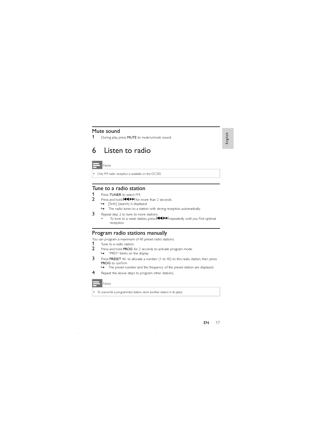 Philips DC350 user manual Listen to radio, Mute sound, Tune to a radio station, Program radio stations manually 
