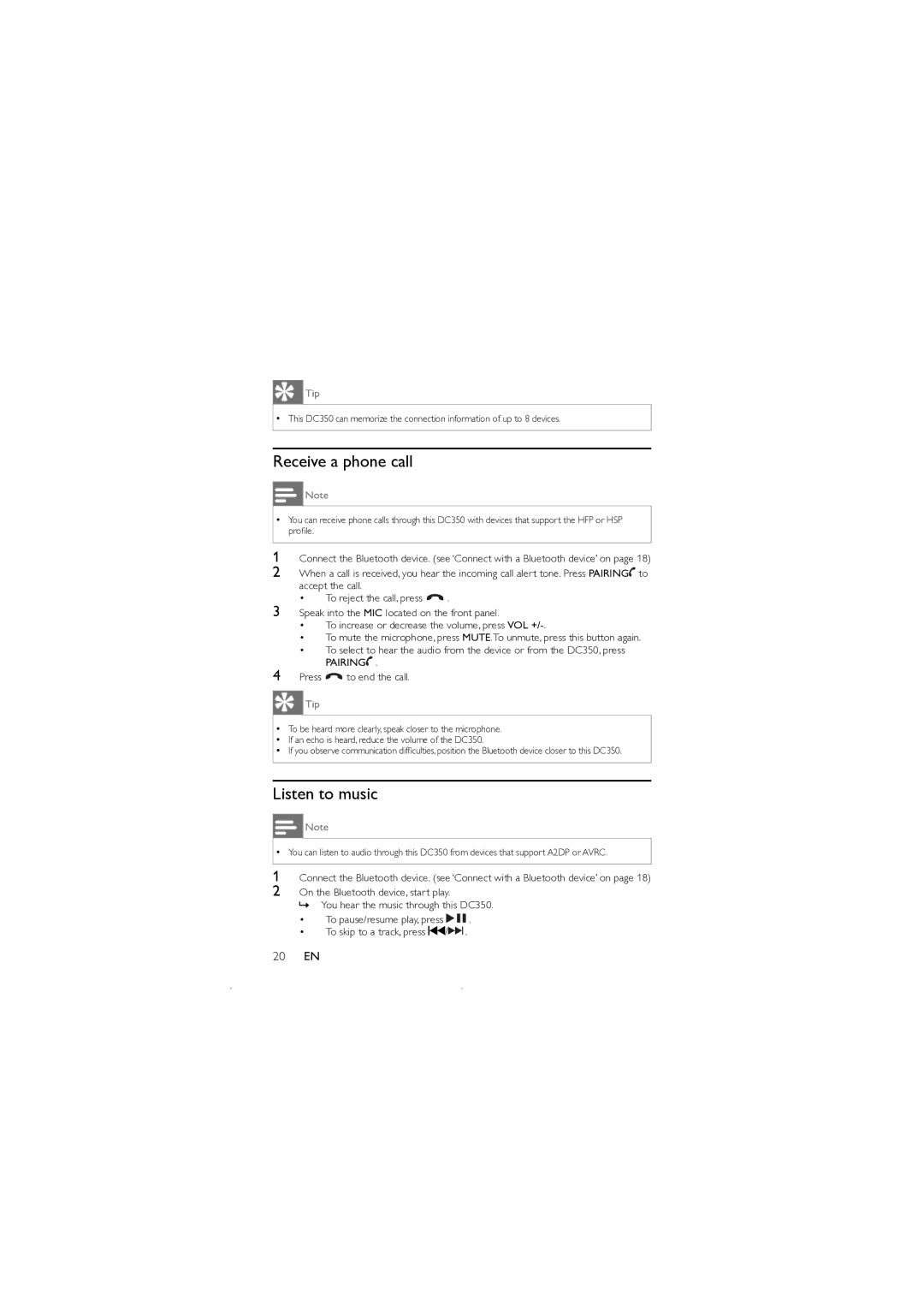 Philips DC350 user manual Receive a phone call, Listen to music 