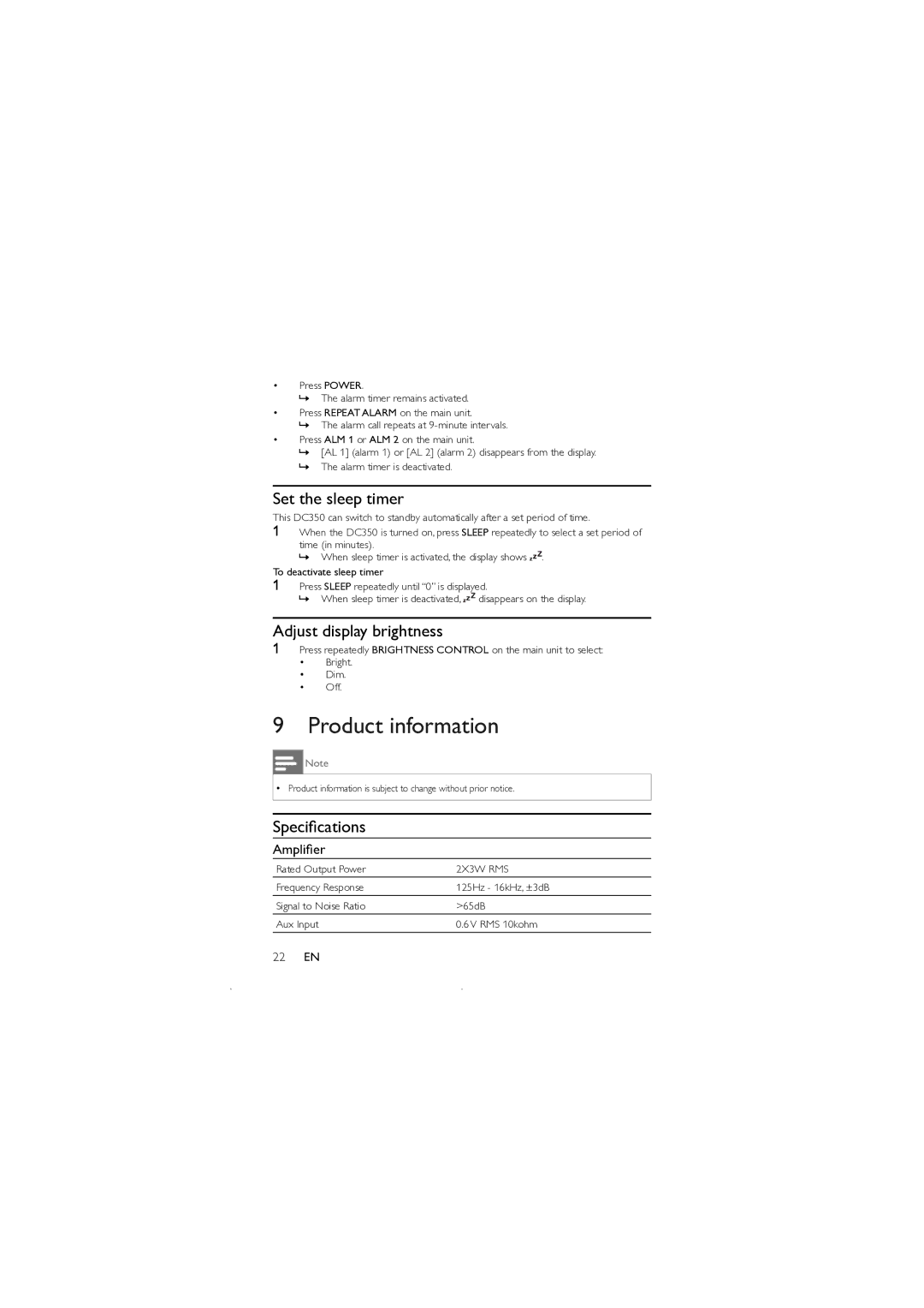 Philips DC350 user manual Product information, Set the sleep timer, Adjust display brightness, Speciﬁcations, Ampliﬁer 