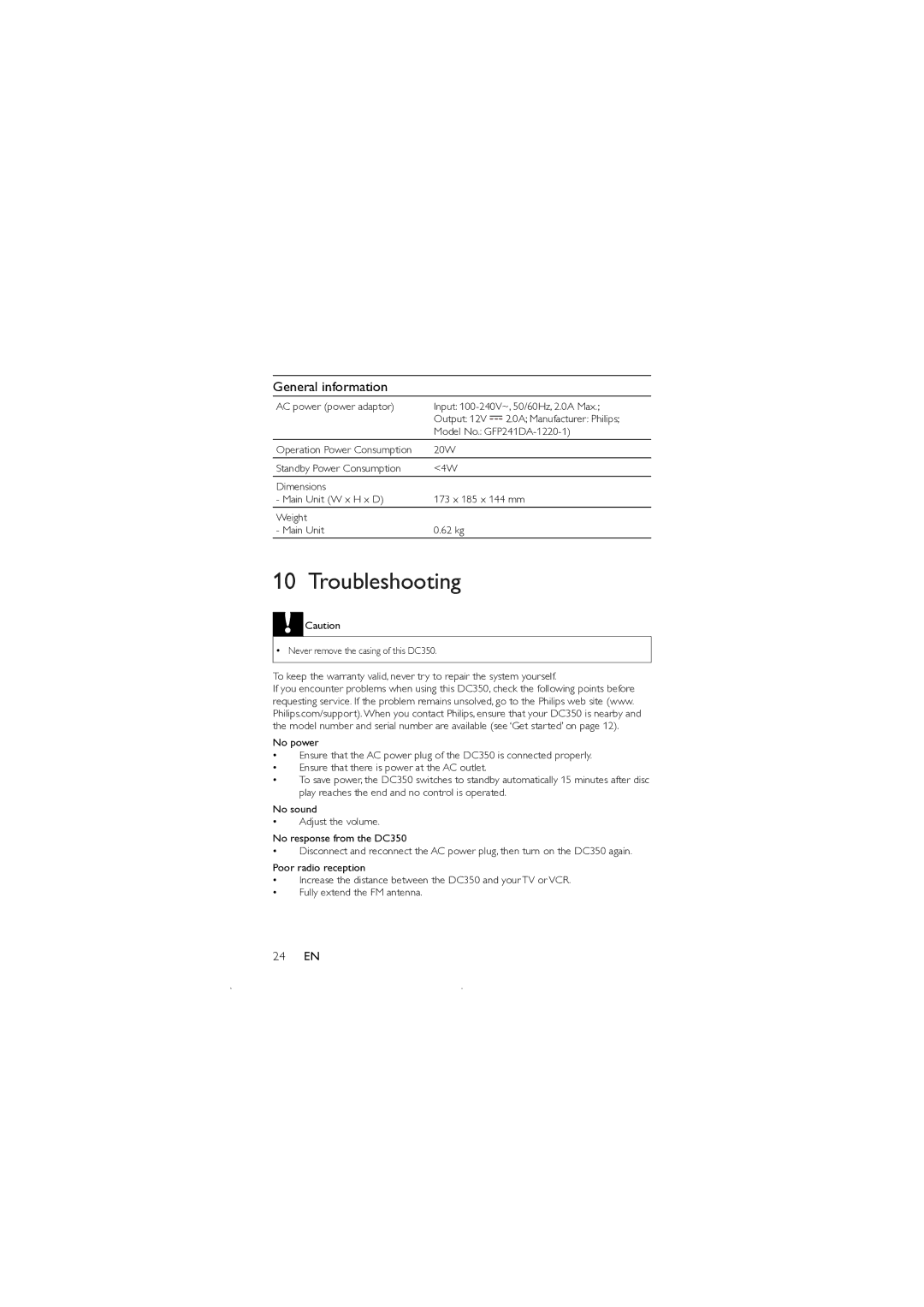 Philips DC350 user manual Troubleshooting, General information 