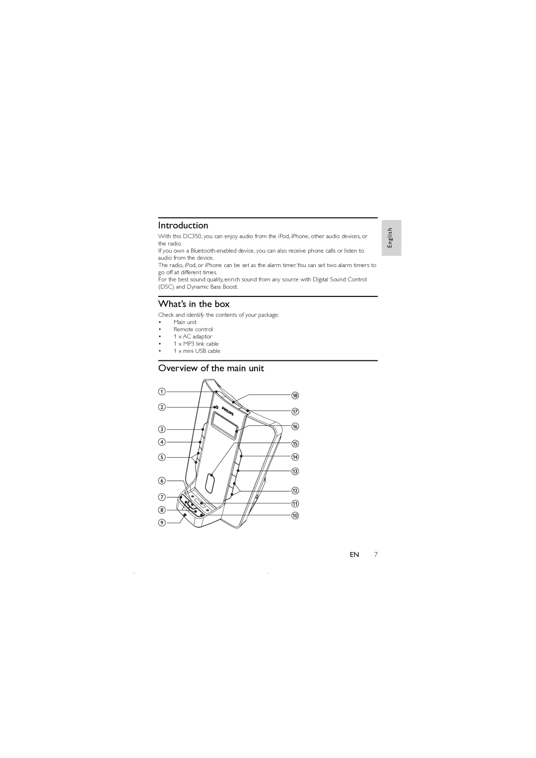 Philips DC350 user manual Introduction, What’s in the box, Overview of the main unit 