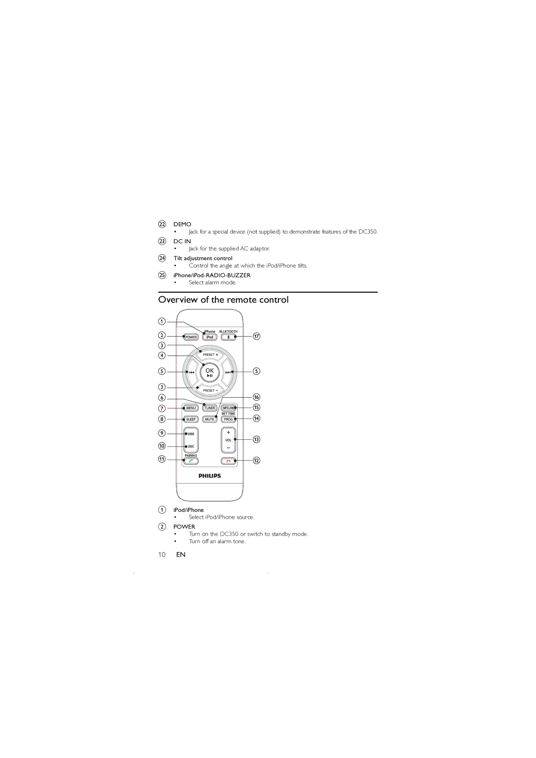 Philips DC350 user manual Overview of the remote control, 10 EN 