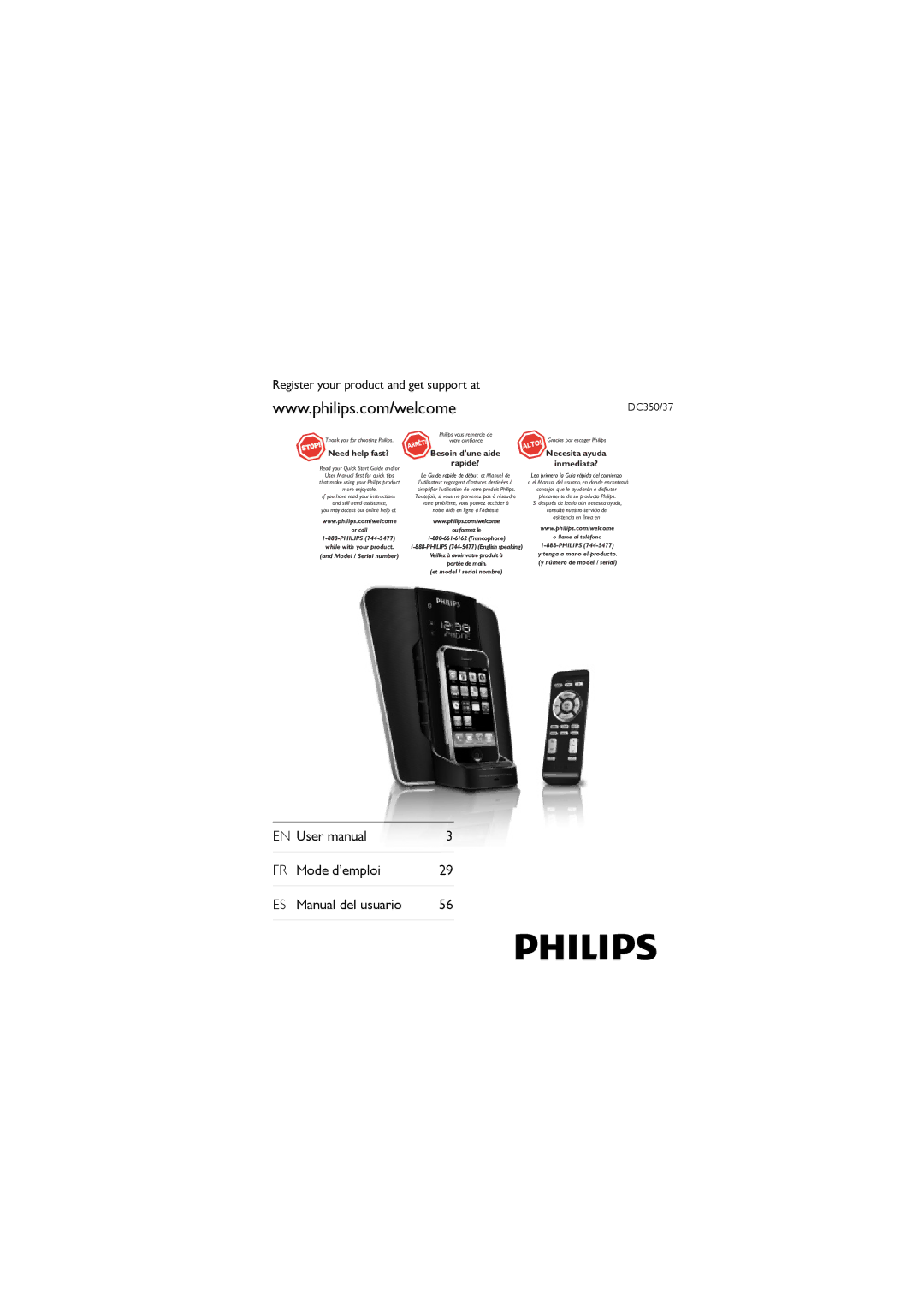 Philips DC350/37 user manual Mode d’emploi Manual del usuario, Register your product and get support at 