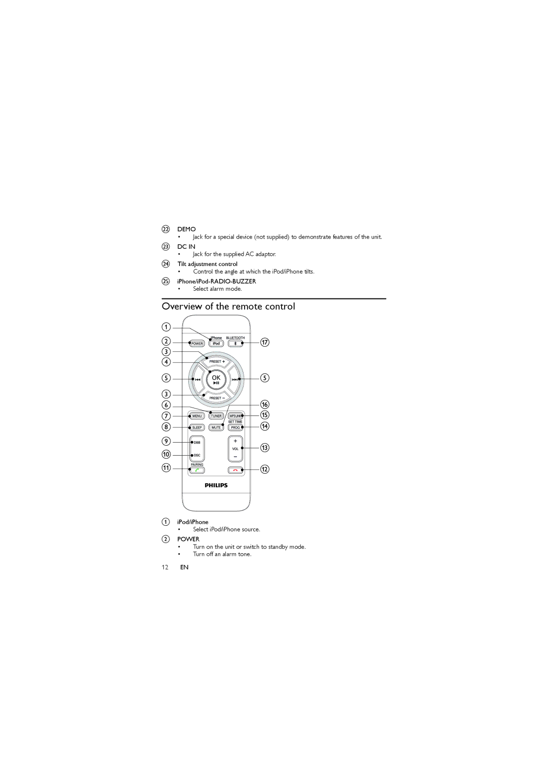 Philips DC350/37 user manual Overview of the remote control 