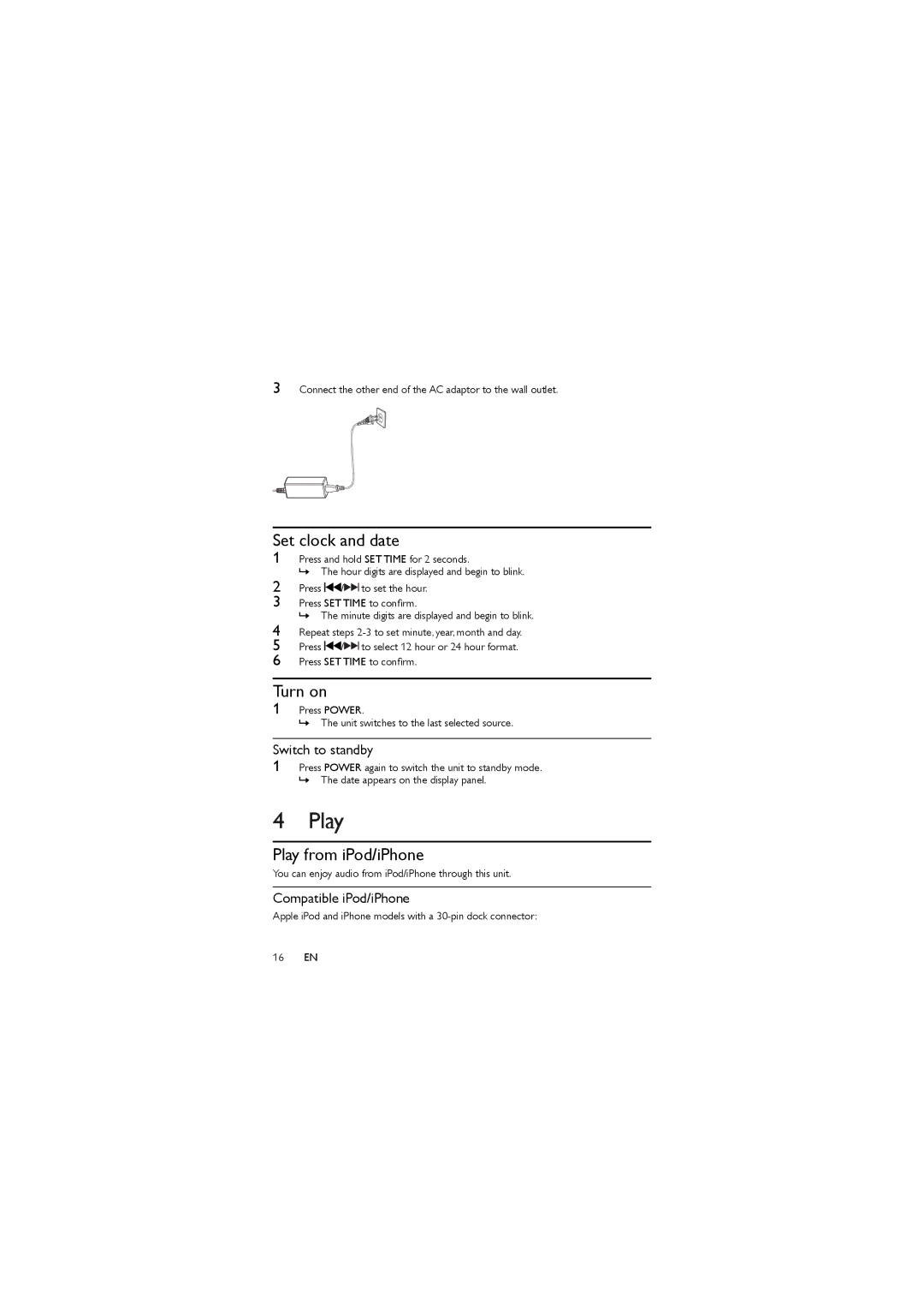 Philips DC350/37 user manual Set clock and date, Turn on, Play from iPod/iPhone 