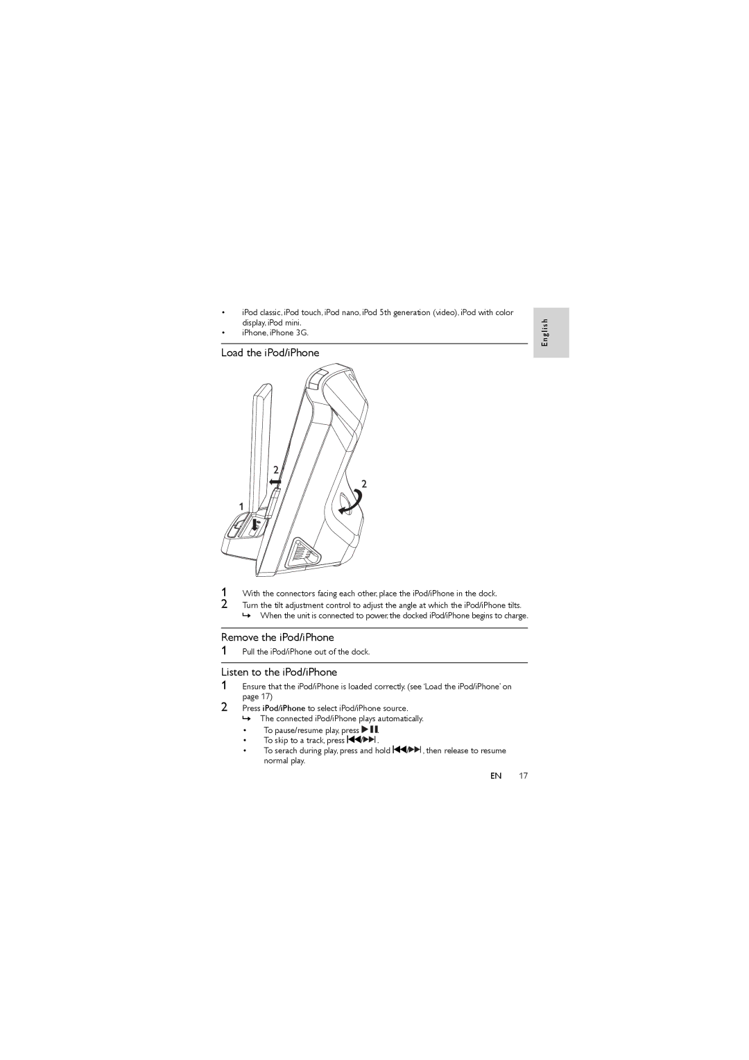 Philips DC350/37 user manual Load the iPod/iPhone, Remove the iPod/iPhone, Listen to the iPod/iPhone 