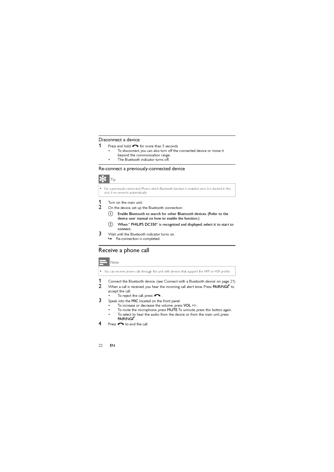 Philips DC350/37 user manual Receive a phone call, Disconnect a device, Re-connect a previously-connected device 