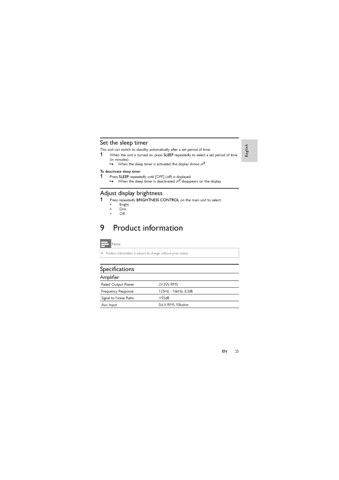 Philips DC350/37 user manual Product information, Set the sleep timer, Adjust display brightness, Speciﬁcations, Ampliﬁer 