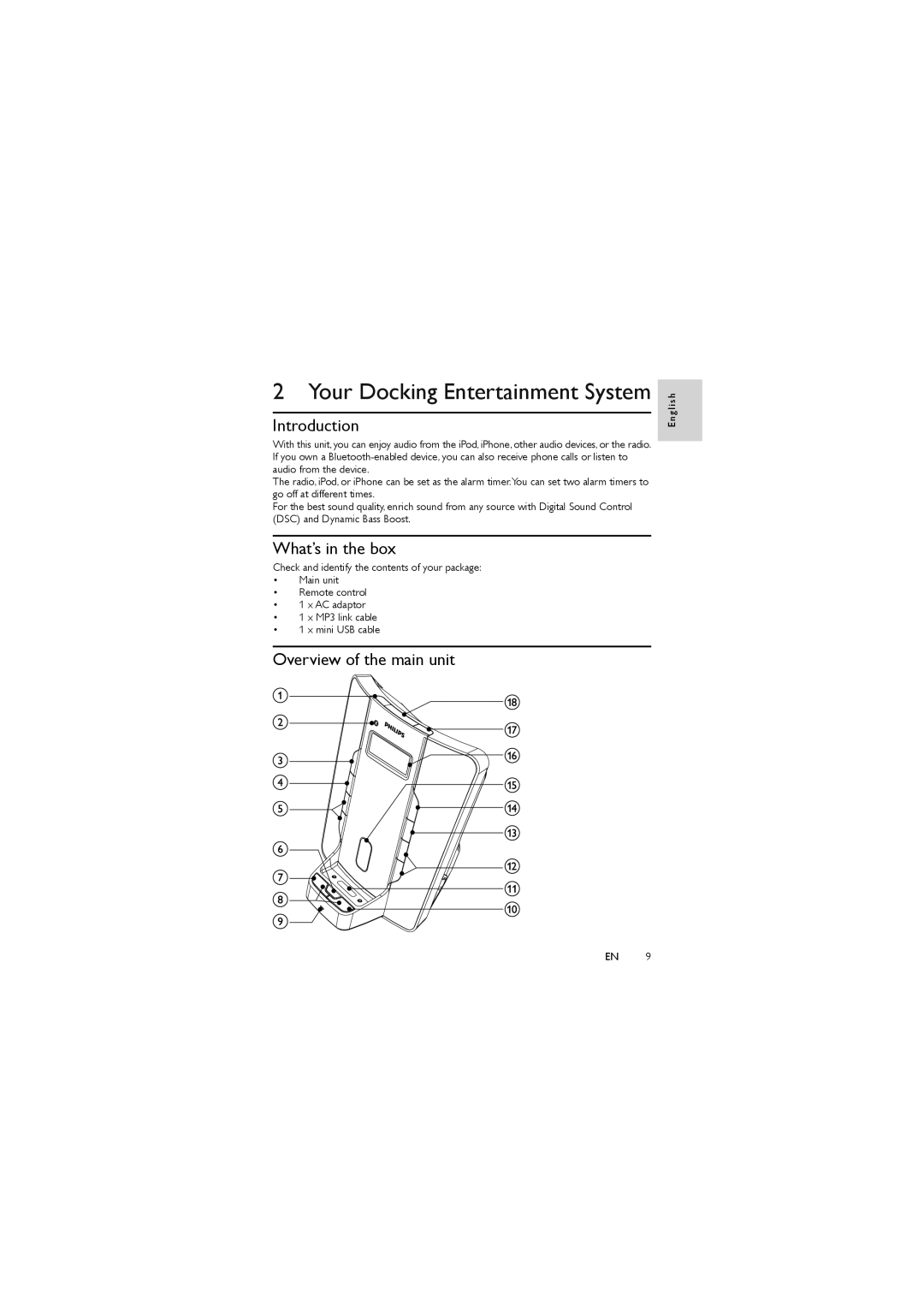 Philips DC350/37 user manual Your Docking Entertainment System, Introduction, What’s in the box, Overview of the main unit 